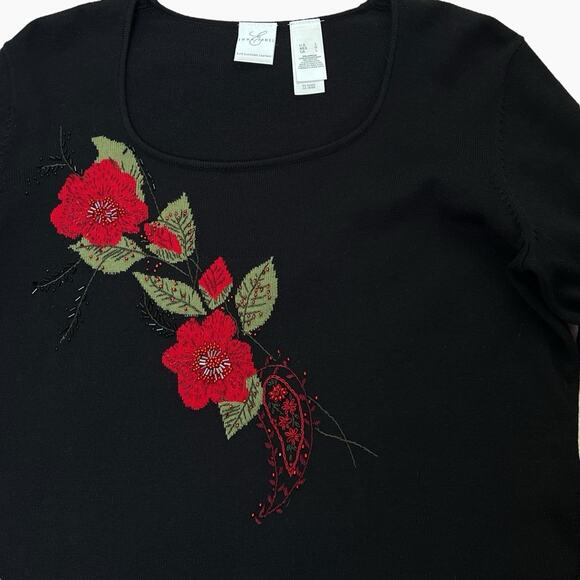 Vintage Emma James Knit Sweater Black Size Large Embellished Beaded Red Flowers - Picture 5 of 9